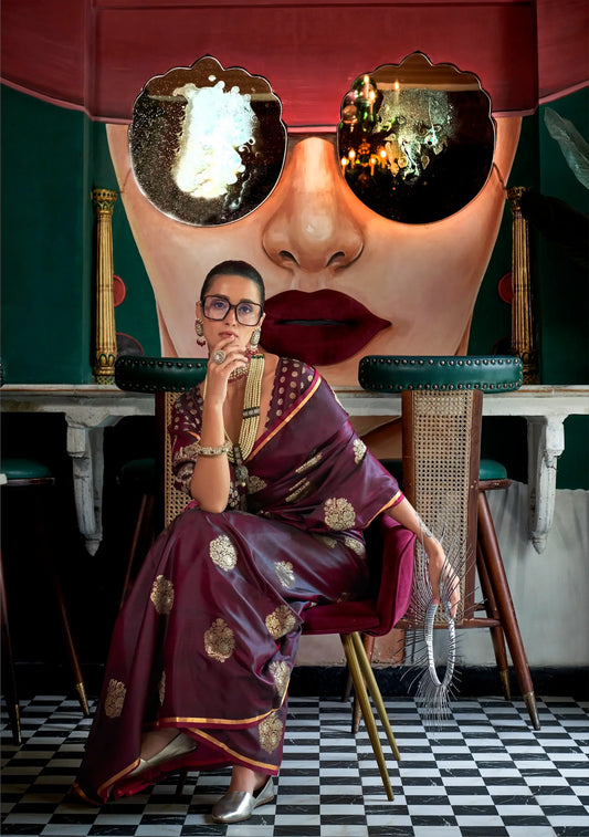Wine Red Satin Handloom Silk Zari Weaving Work Saree