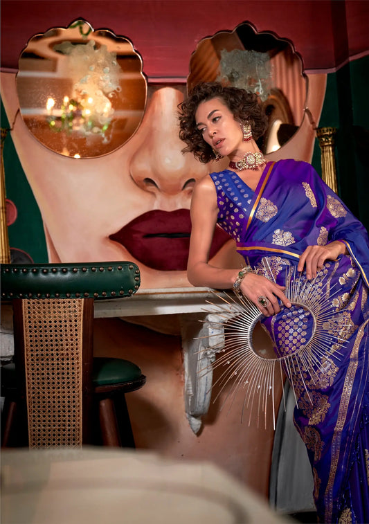 Bluish Purple Satin Handloom Silk Zari Weaving Work Saree