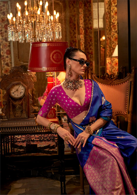 Royal Blue Two Tone Satin Handloom Weaving Silk Saree