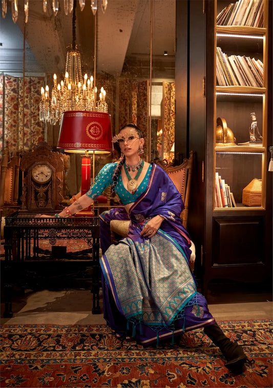 Purple Two Tone Satin Handloom Weaving Silk Saree