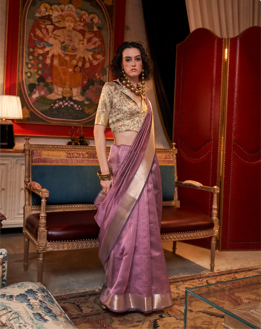 Dark Mauve Chiffon Handloom Weaving Silk Saree