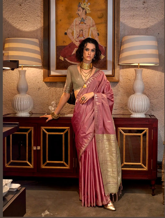 Pink Silk Saree With Contrast Ikkat Design Pallu