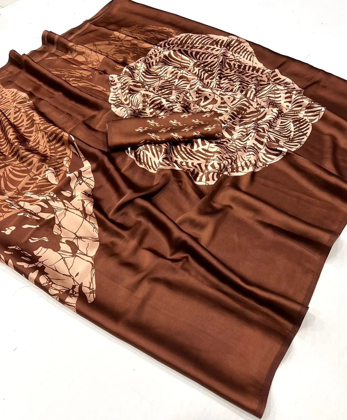 Brown Satin Crepe Digital Printed Saree