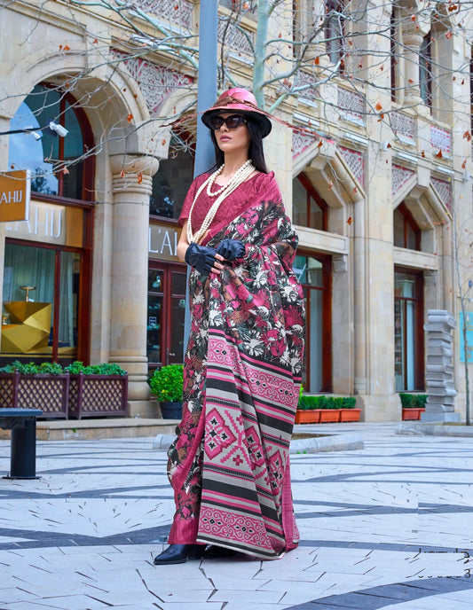 Rose Pink Satin Crepe Digital Printed Saree