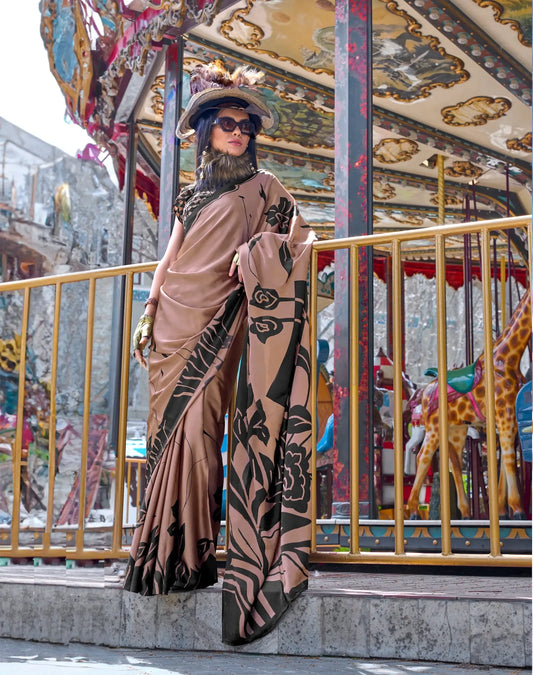 Sugar Brown Satin Crepe Digital Printed Saree