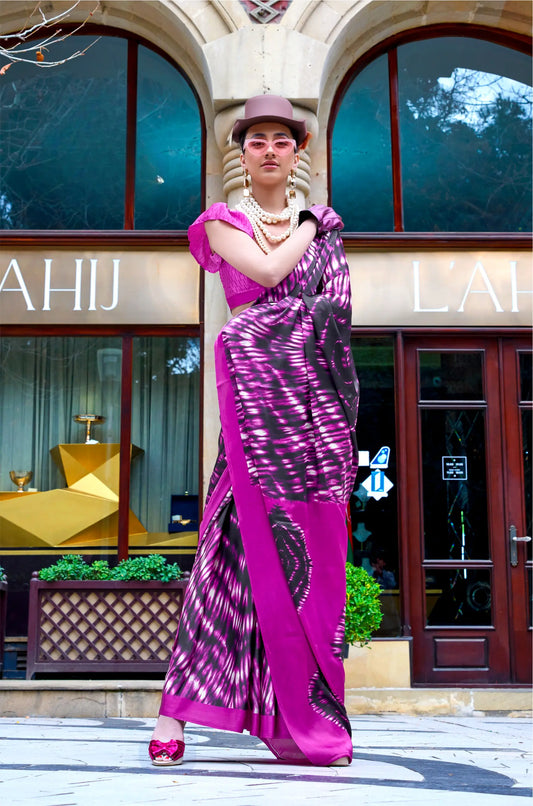 Hot Pink Satin Crepe Digital Printed Saree