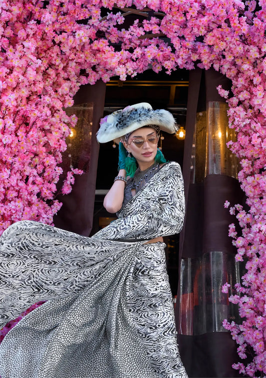 Slate Blue Satin Crepe Digital Printed Saree