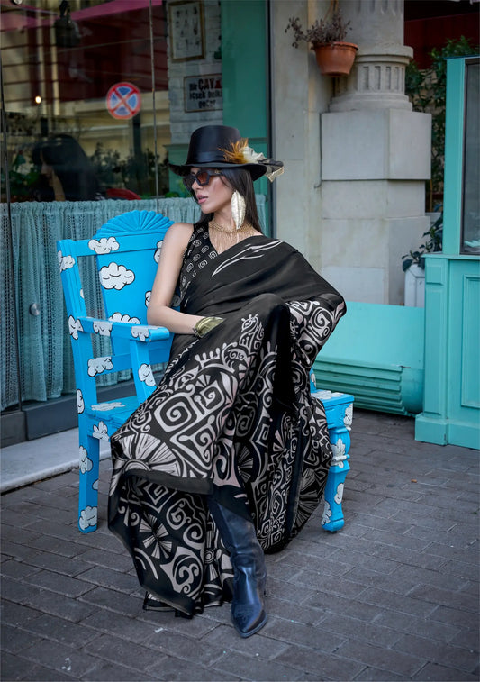 Black Satin Crepe Digital Printed Saree