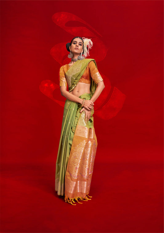 Olive Green Tussar Silk Zari Weaving saree