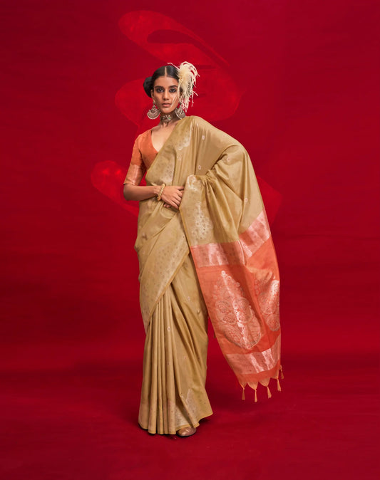 Sand Brown Tussar Silk Zari Weaving saree