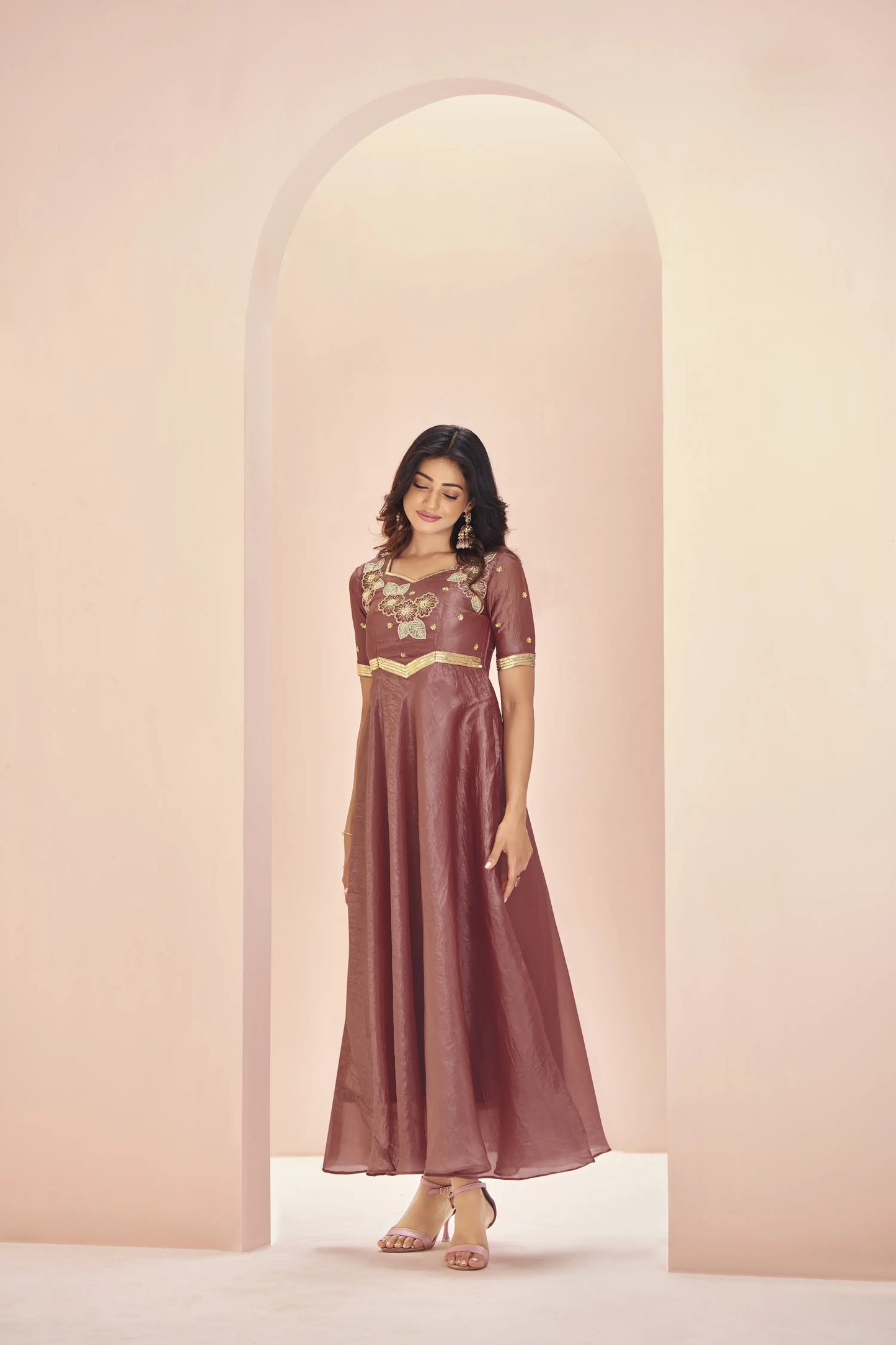 Coral Red Organza Kurta With Handwork