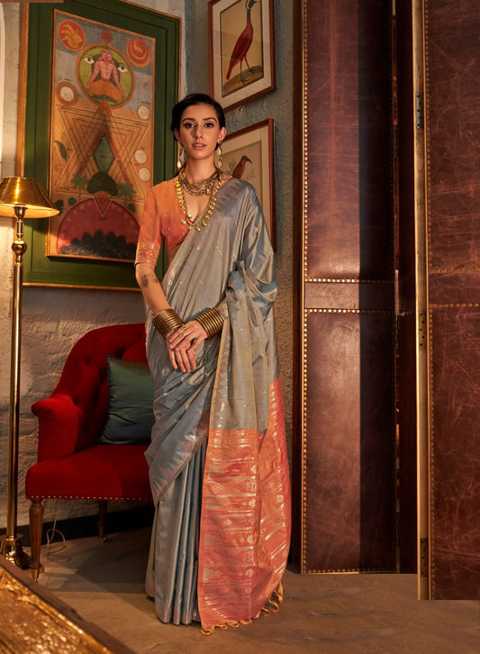 Gray Silk Saree With Contrast Ikkat Design Pallu