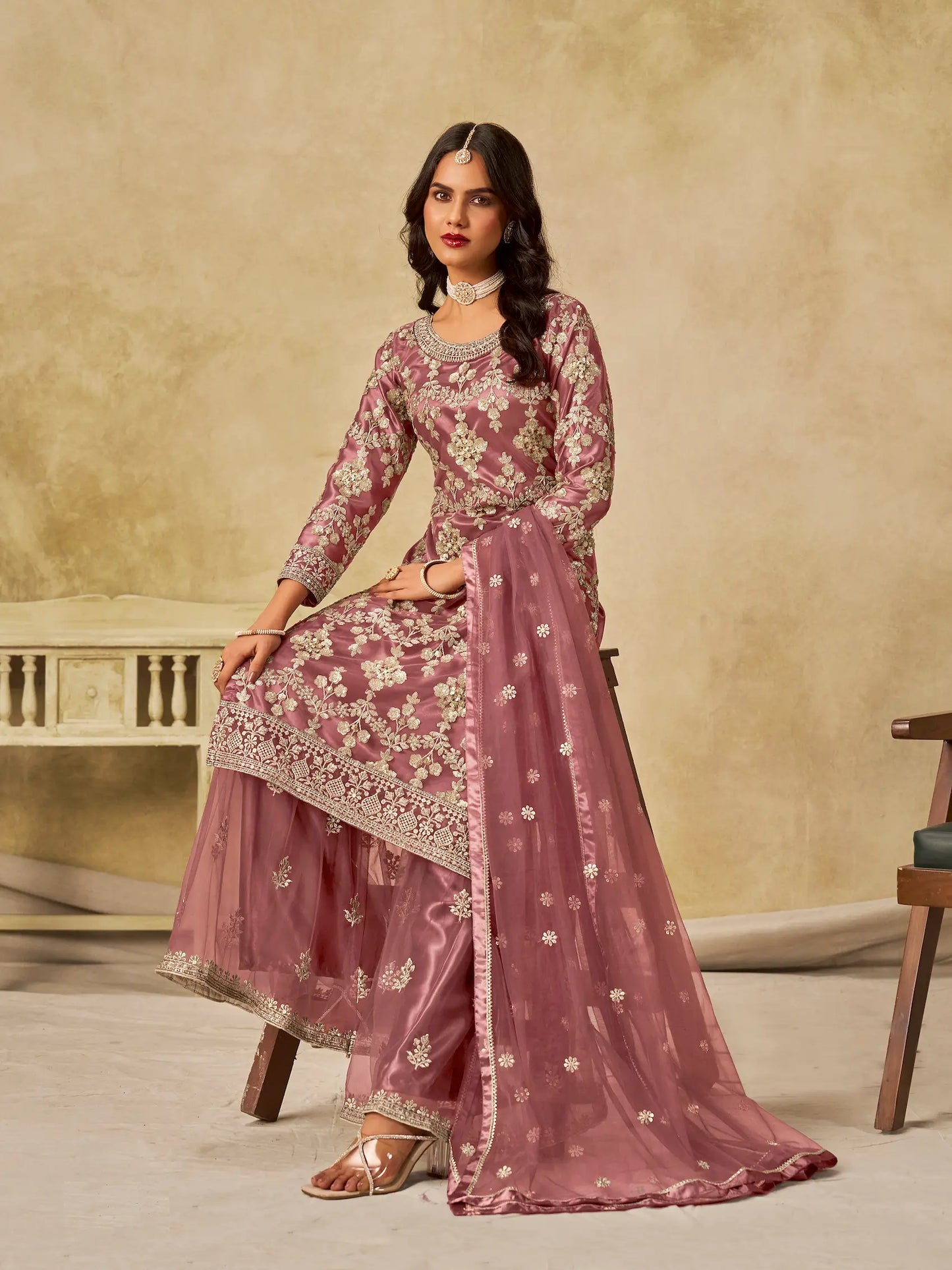Brownish Pink Net Palazzo Suit With Sequins Embroidery