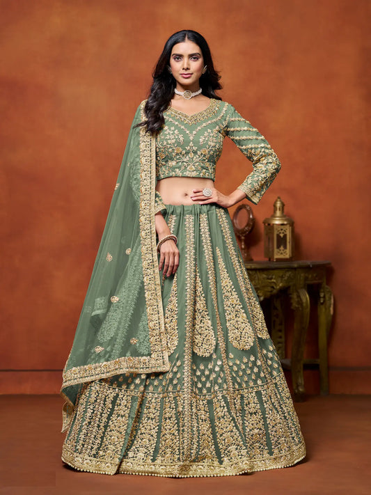 Pista Green Net Lehenga Choli With Thread & Sequence Embroidery Work