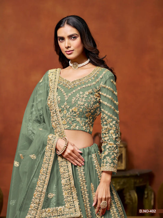 Pista Green Net Lehenga Choli With Thread & Sequence Embroidery Work