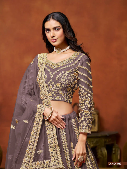 Dusty Grey Net Lehenga Choli With Thread & Sequence Embroidery Work