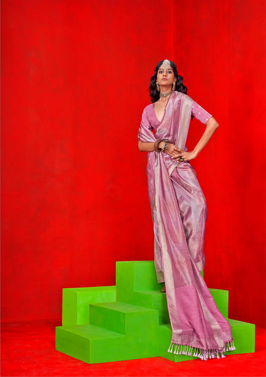 Light Pink Viscose Tissue Zari Weaving Work Saree