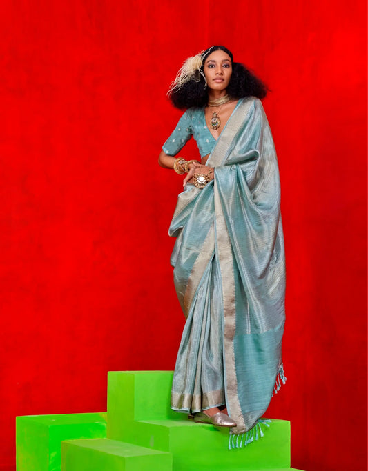 Sky Blue Viscose Tissue Zari Weaving Work Saree