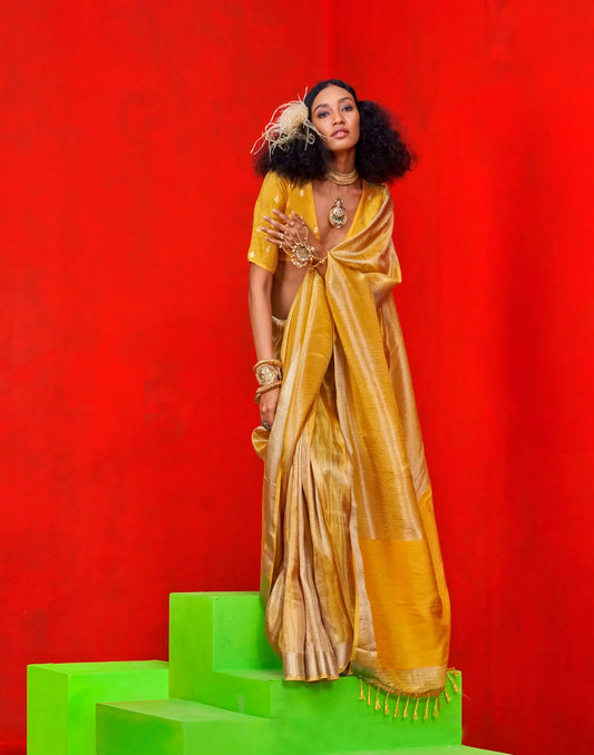 Yellow Viscose Tissue Zari Weaving Work Saree