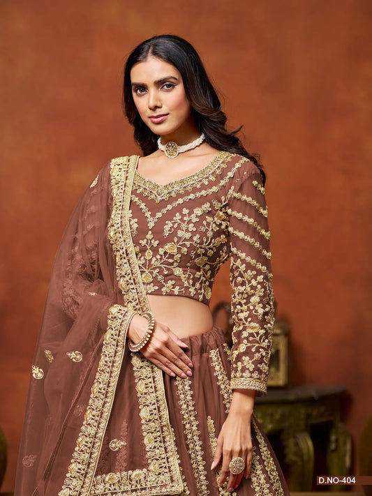 Brown Net Lehenga Choli With Thread & Sequence Embroidery Work