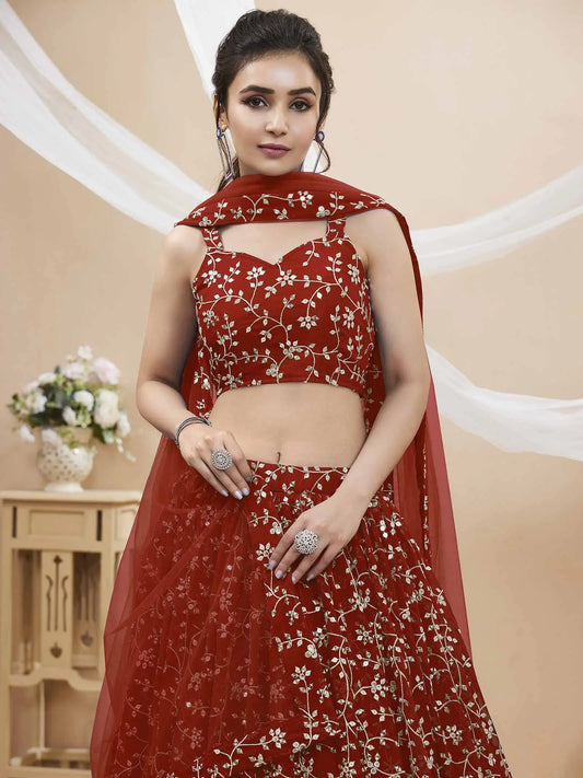 Red Georgette Lehenga With Sequins And Zari Embroidery Work