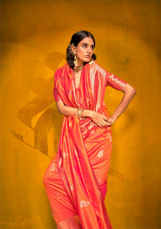 Orange Two Tone Handloom Silk Saree With Zari Weaving Work