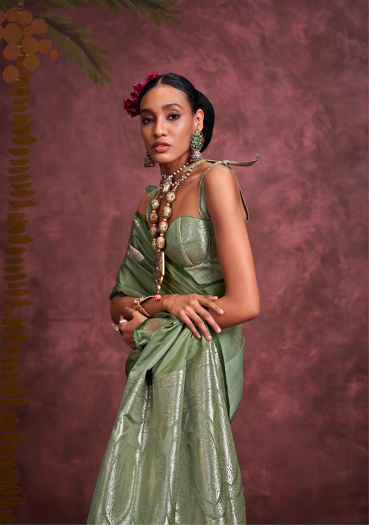 Pista Green Satin Handloom Banarasi Zari Weaving Silk Saree