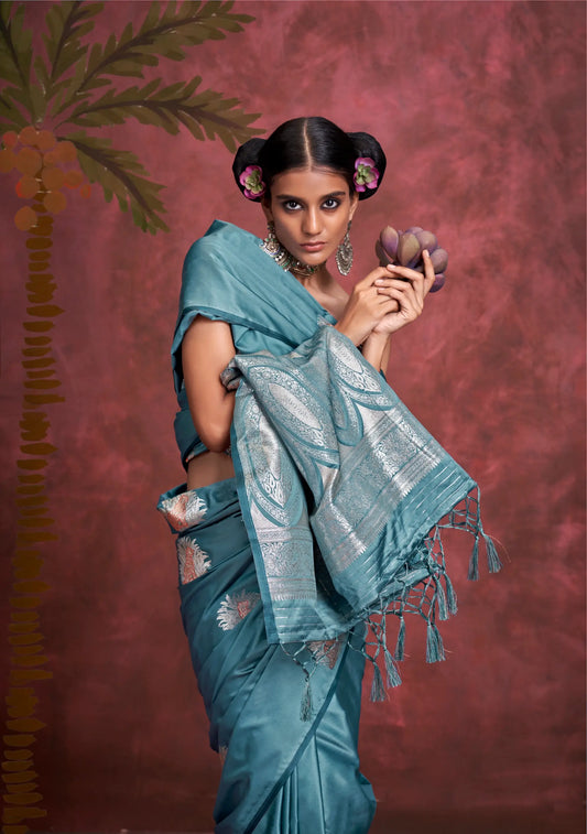 Dusty Blue Satin Handloom Banarasi Zari Weaving Silk Saree