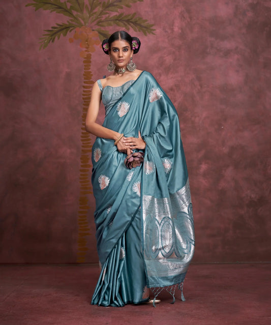 Dusty Blue Satin Handloom Banarasi Zari Weaving Silk Saree