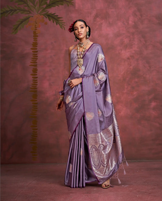 Lavender Satin Handloom Banarasi Zari Weaving Silk Saree