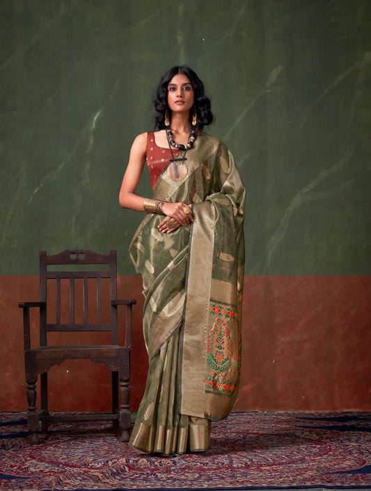 Olive Green Paithani Tissue Handloom Weaving Silk Saree