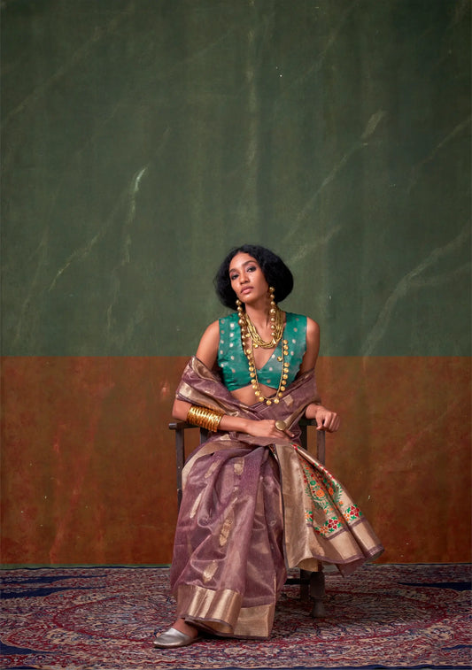 Rosy Brown Paithani Tissue Handloom Weaving Silk Saree
