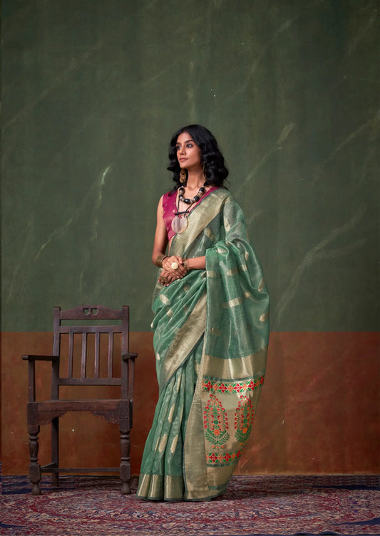 Sage Green Paithani Tissue Handloom Weaving Silk Saree