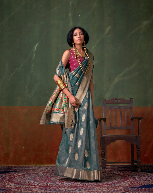 Teal Blue Paithani Tissue Handloom Weaving Silk Saree