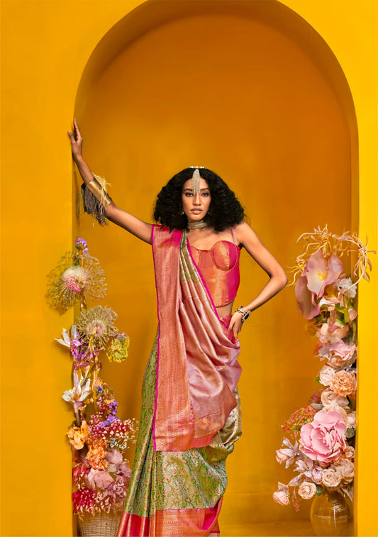 Green-Red Handloom Silk Saree With Zari Weaving Work