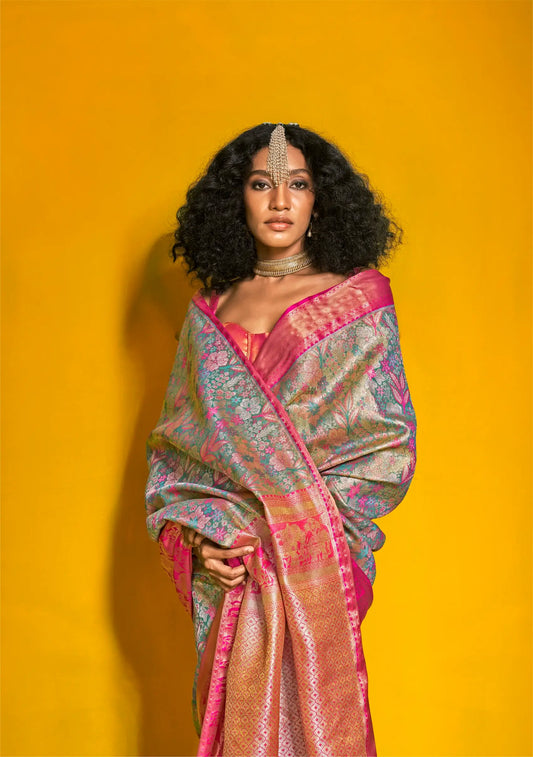 Blue-Pink Handloom Silk Saree With Zari Weaving Work