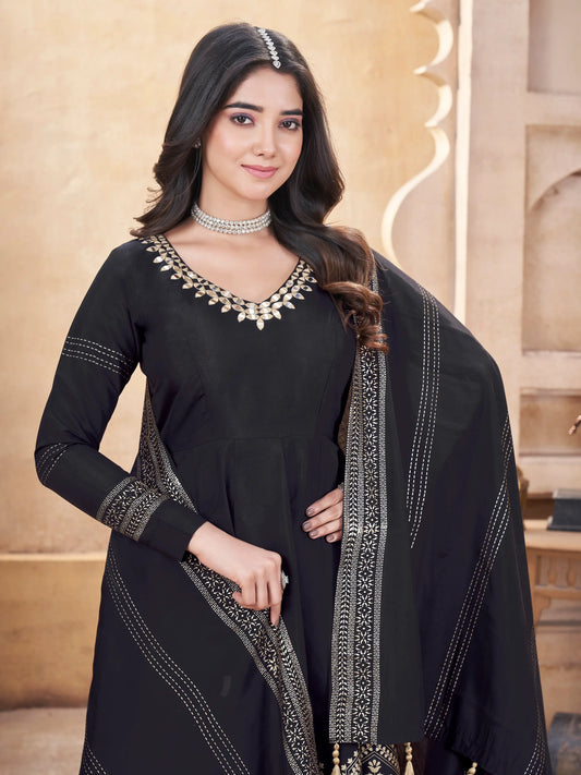 Black Silk Salwar Suit With Mirror Work And Foil Print