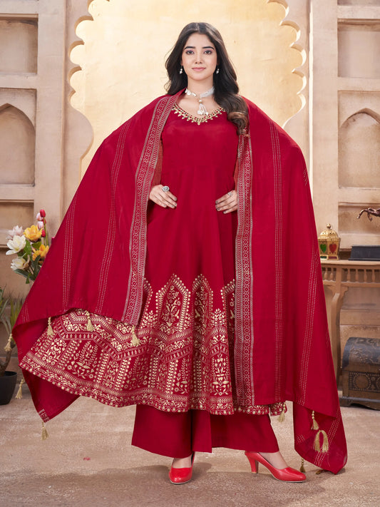 Red Mirror Work And Foil Print Silk Salwar Suit