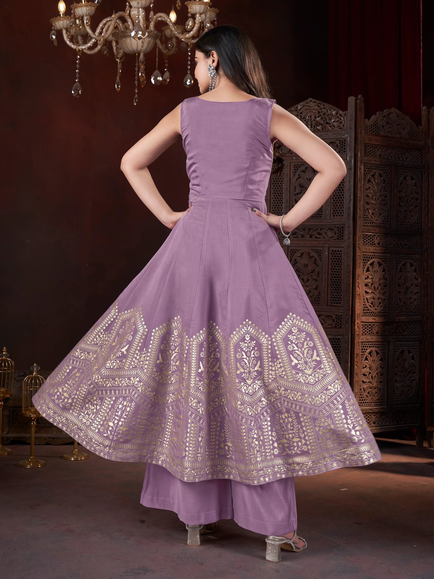 Dusky Purple Mirror Work And Foil Print Silk Salwar Suit