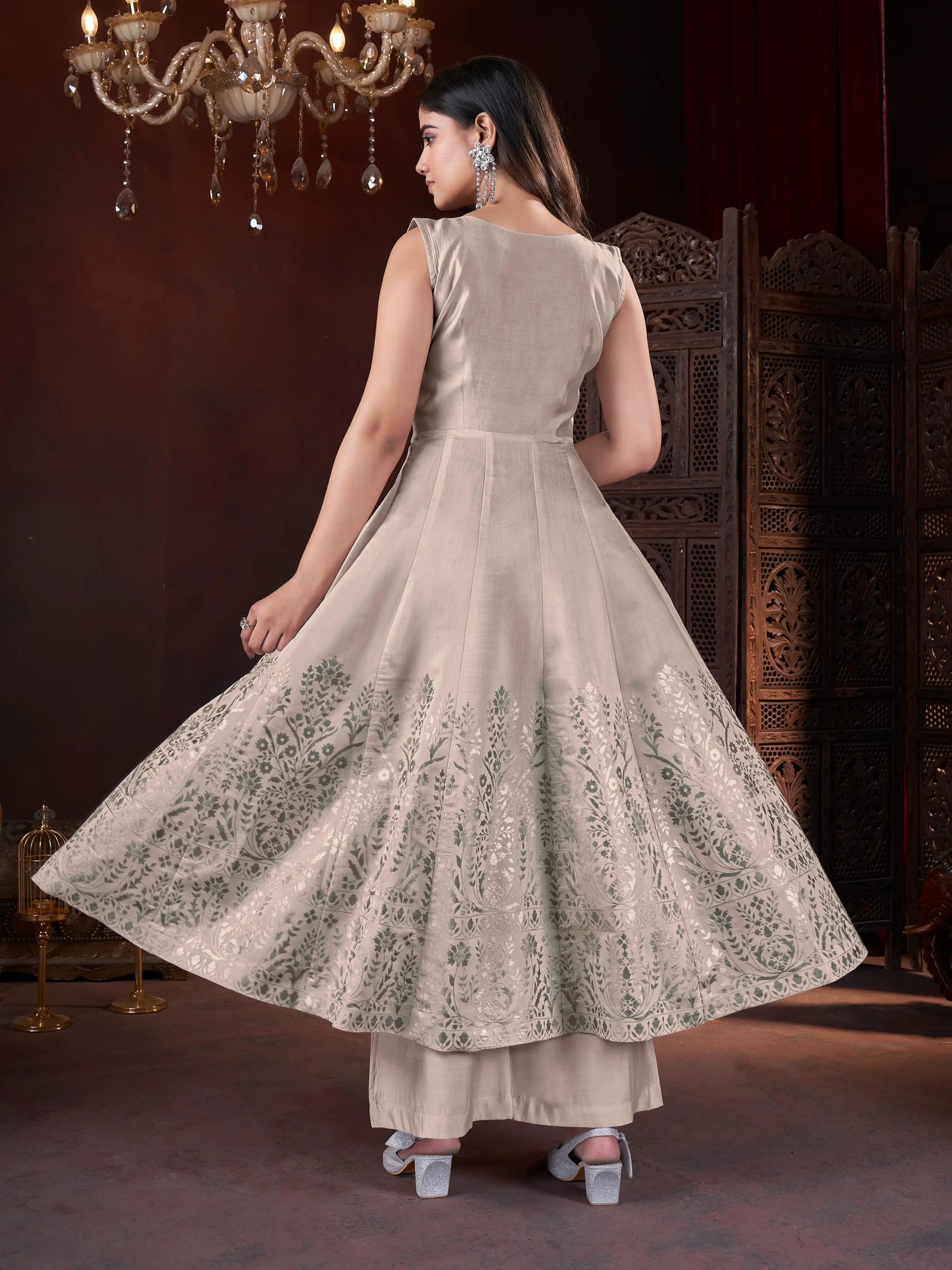 Cream Mirror Work And Foil Print Salwar Suit