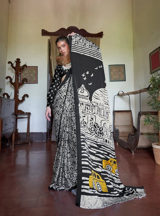 Black-White Satin illustration Print Saree
