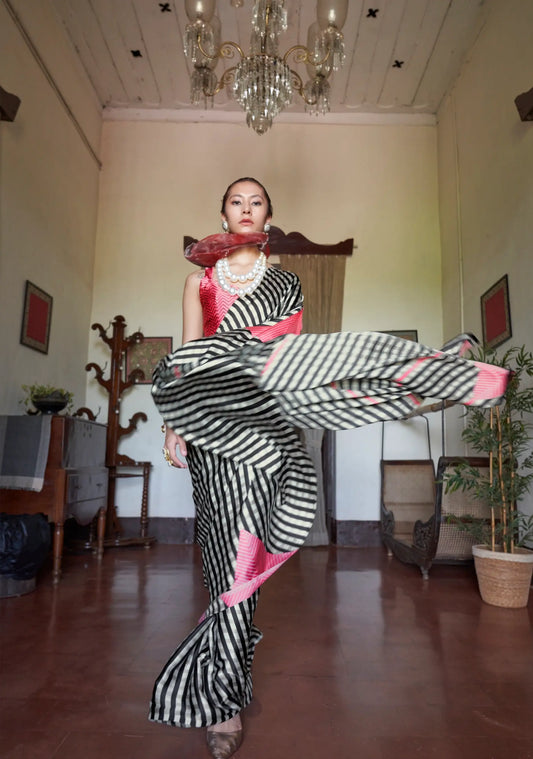 Black-White Satin Stripped Print Saree