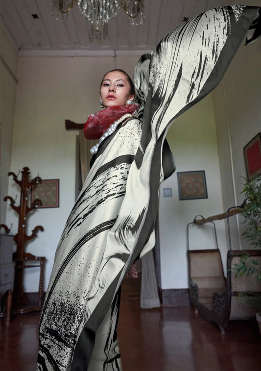 Black-White Satin Abstract Print Saree