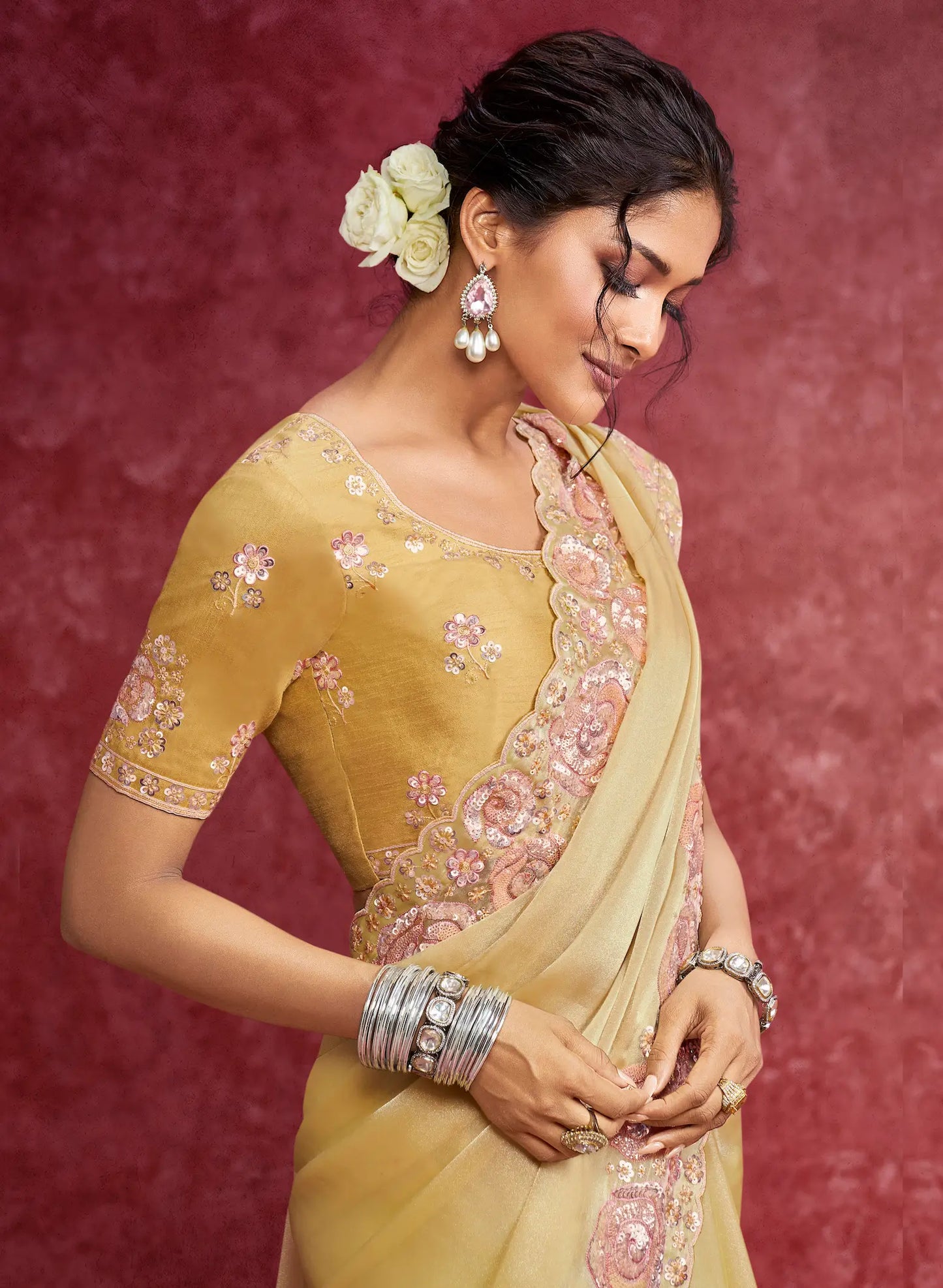 Lime Yellow Galaxy Embroidery Work Party wear Saree