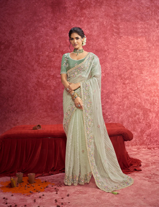 Pastel Green Weave Embroidery Work Party wear Saree