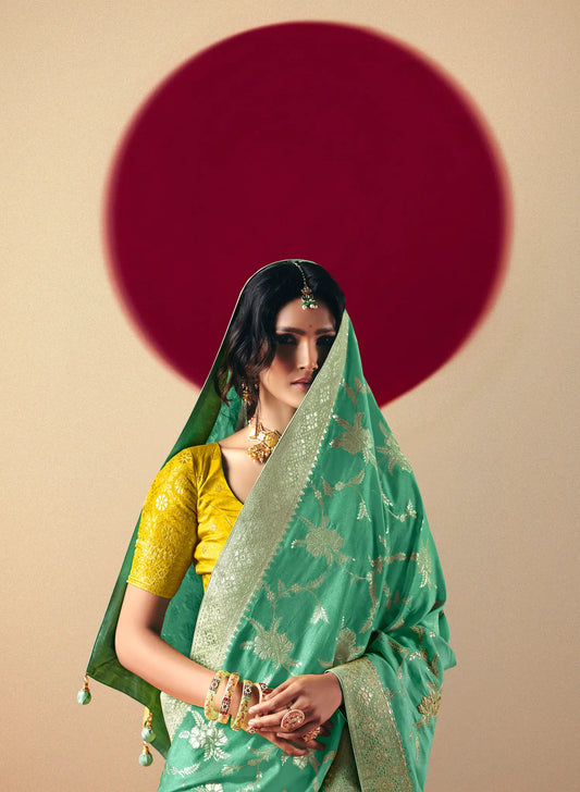 Turquoise Blue Viscose Zari Weaving Saree