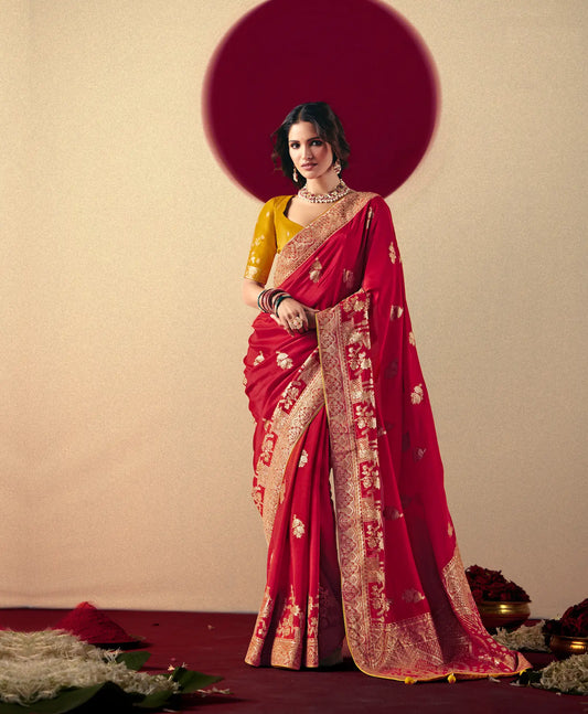 Rose Red Viscose Zari Weaving Saree