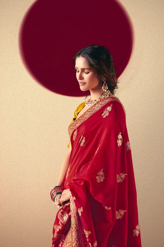 Rose Red Viscose Zari Weaving Saree