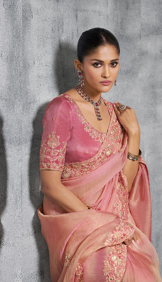 Peach Pink Zari Tissue Hand Work & Embroidery Saree