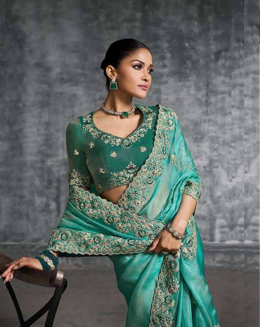 Beetle Green Zari Tissue Hand Work & Embroidery Saree